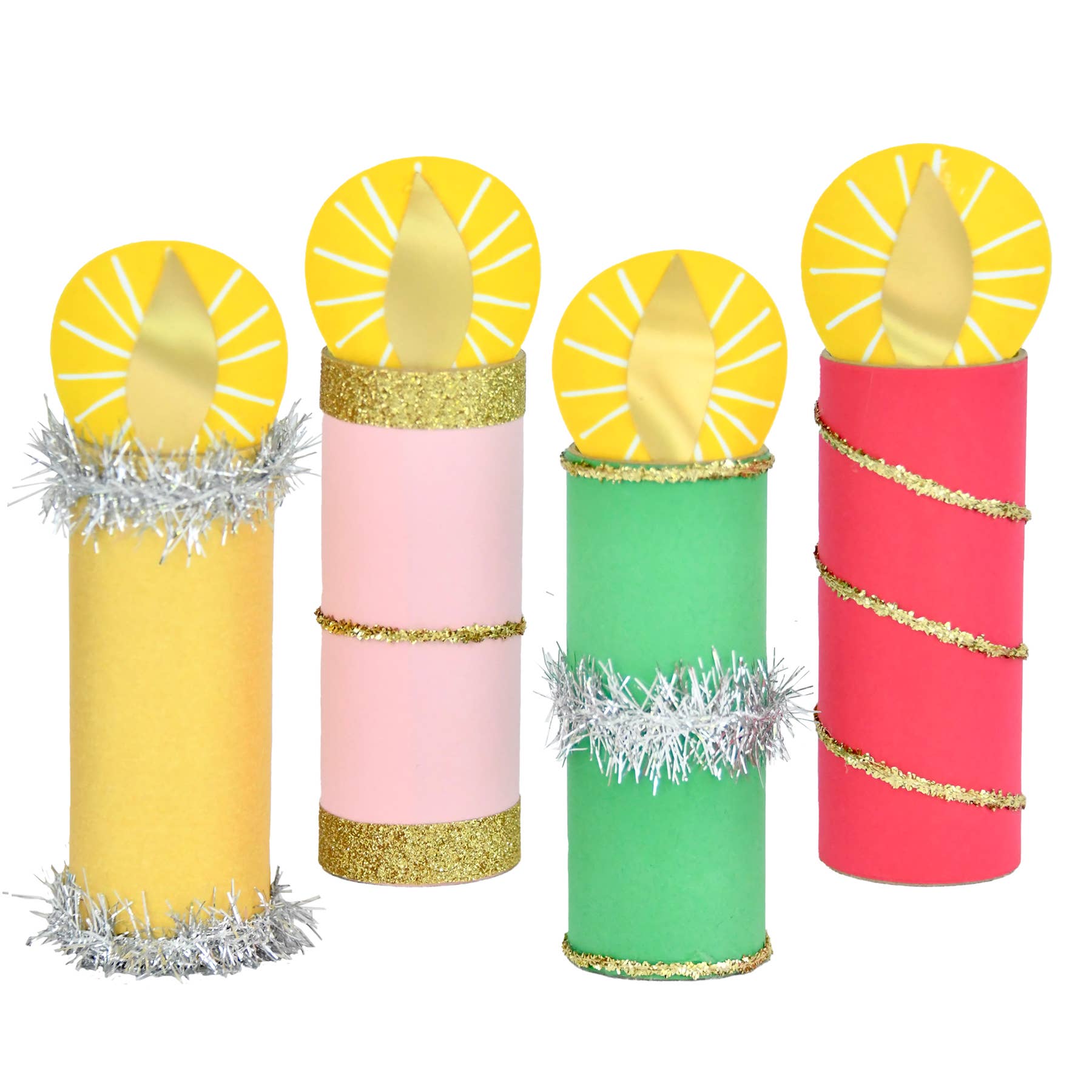 A set of four Christmas-themed tabletop candles with assorted colors and decorative elements like tinsel and golden tops.