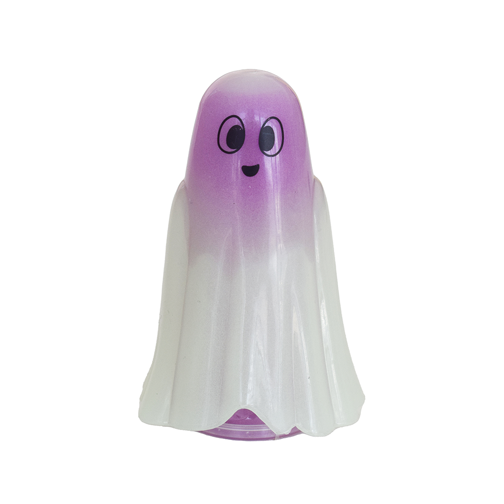 Ghost-shaped toy with a purple top and white bottom on a white background