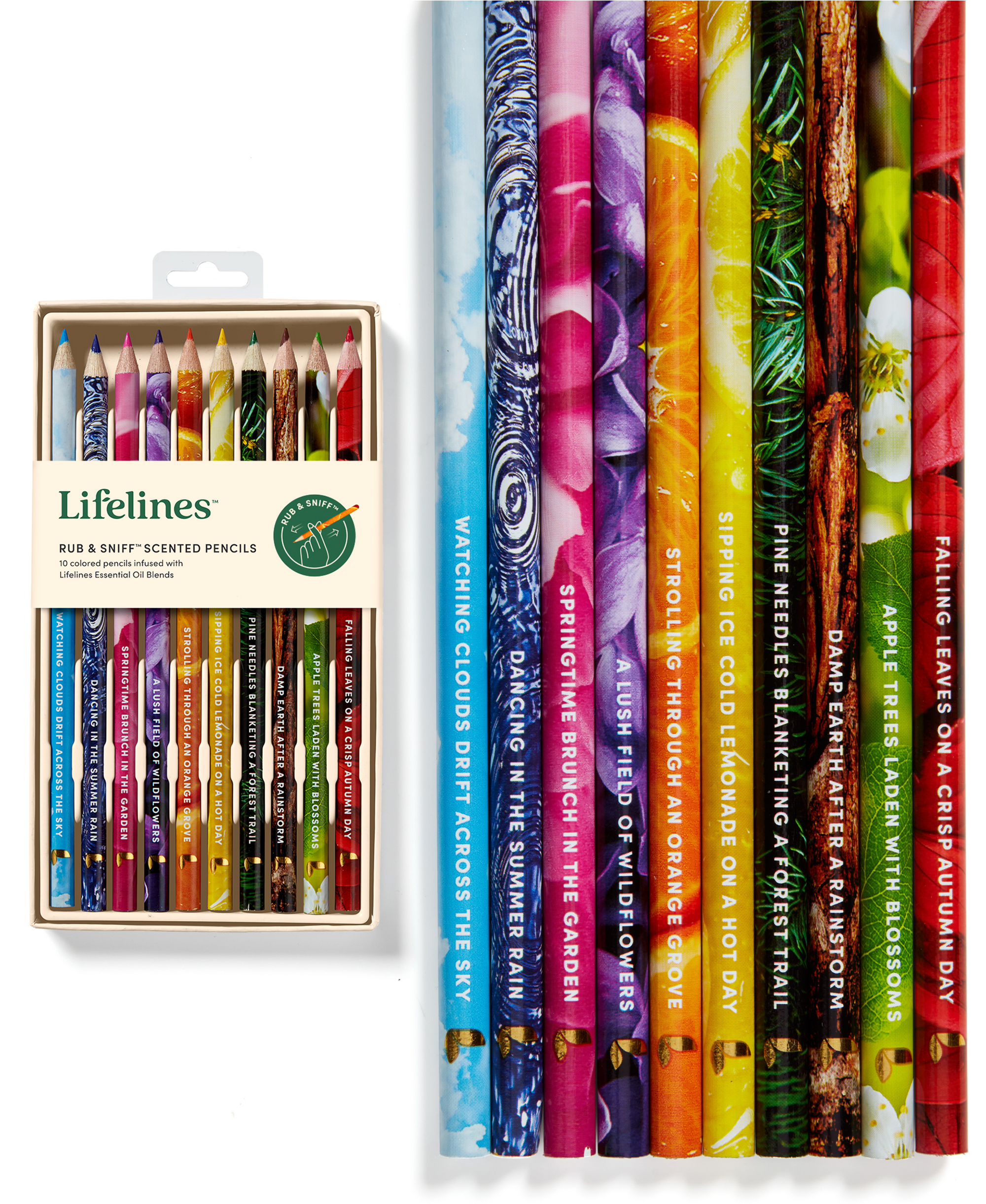 Set of colorful scented pencils with a Lifelines box on a white background