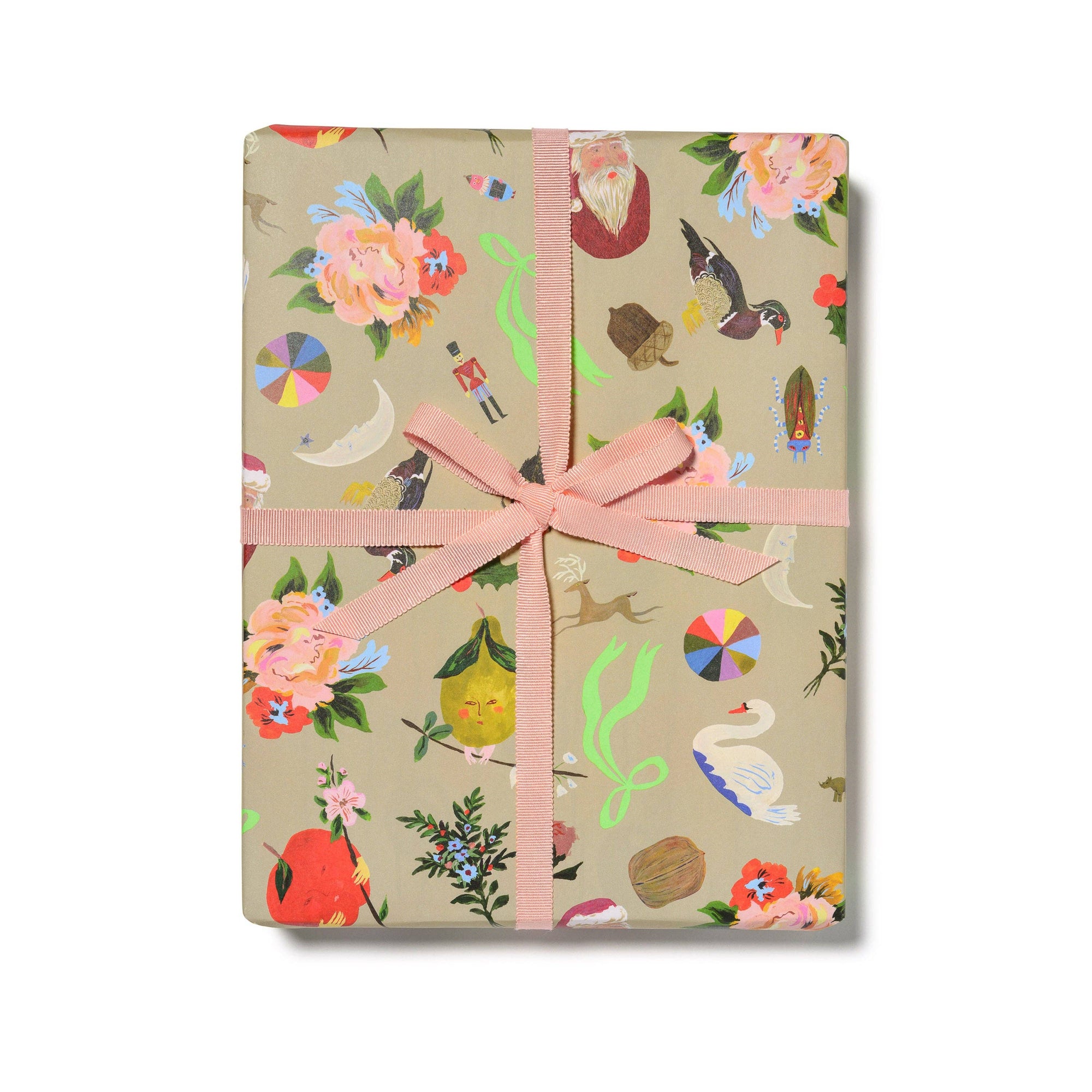 Gift box with floral and nature-themed design and a pink ribbon on a white background
