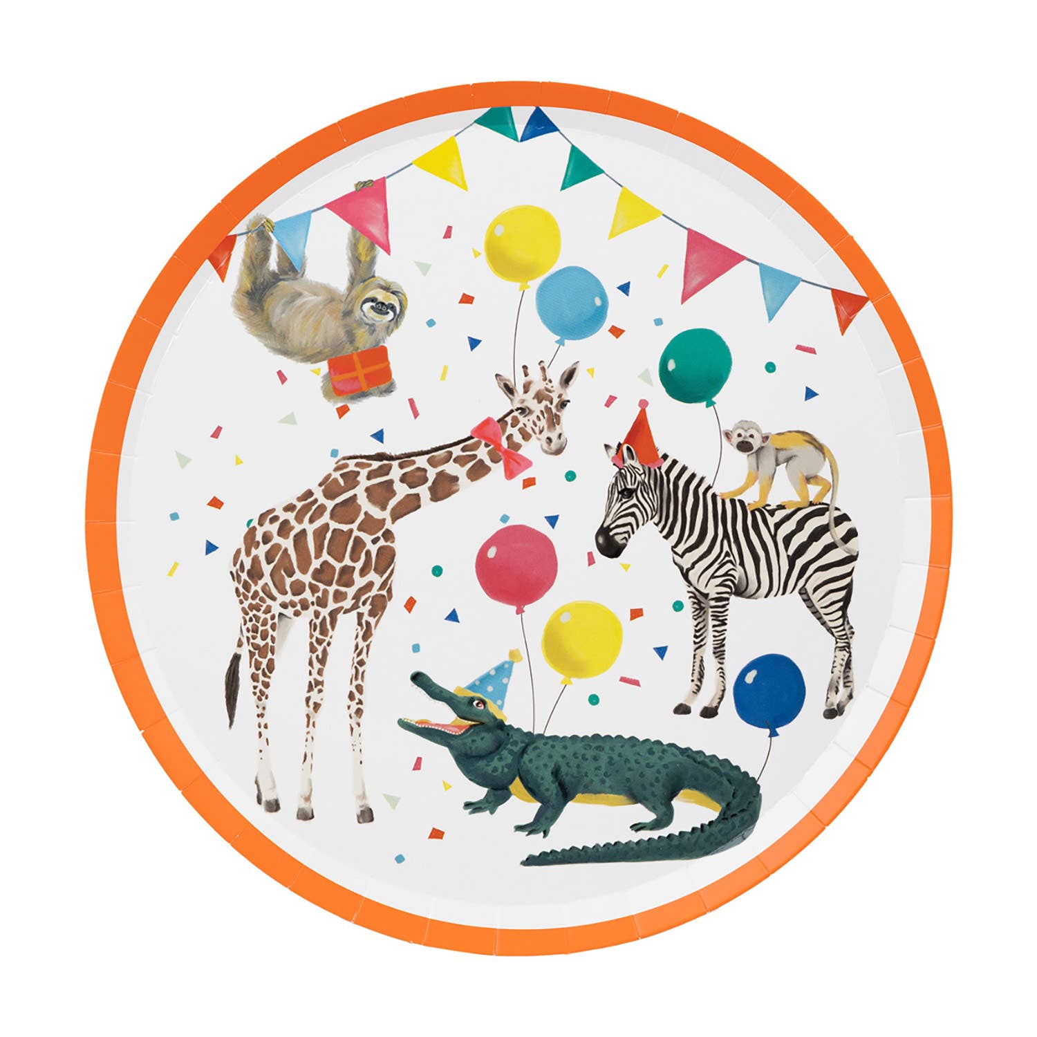 Round plate with cartoon animals and colorful balloons on a white background