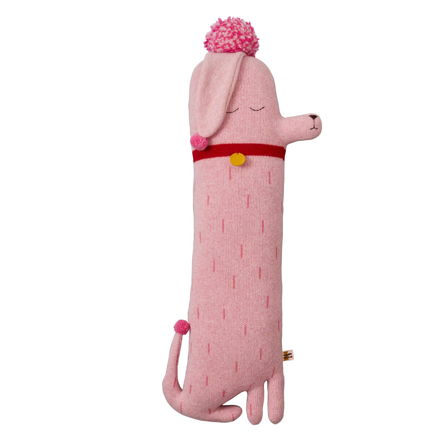 A pink plush toy resembling a poodle with a pom-pom on head, embroidered details, and a red and yellow collar.