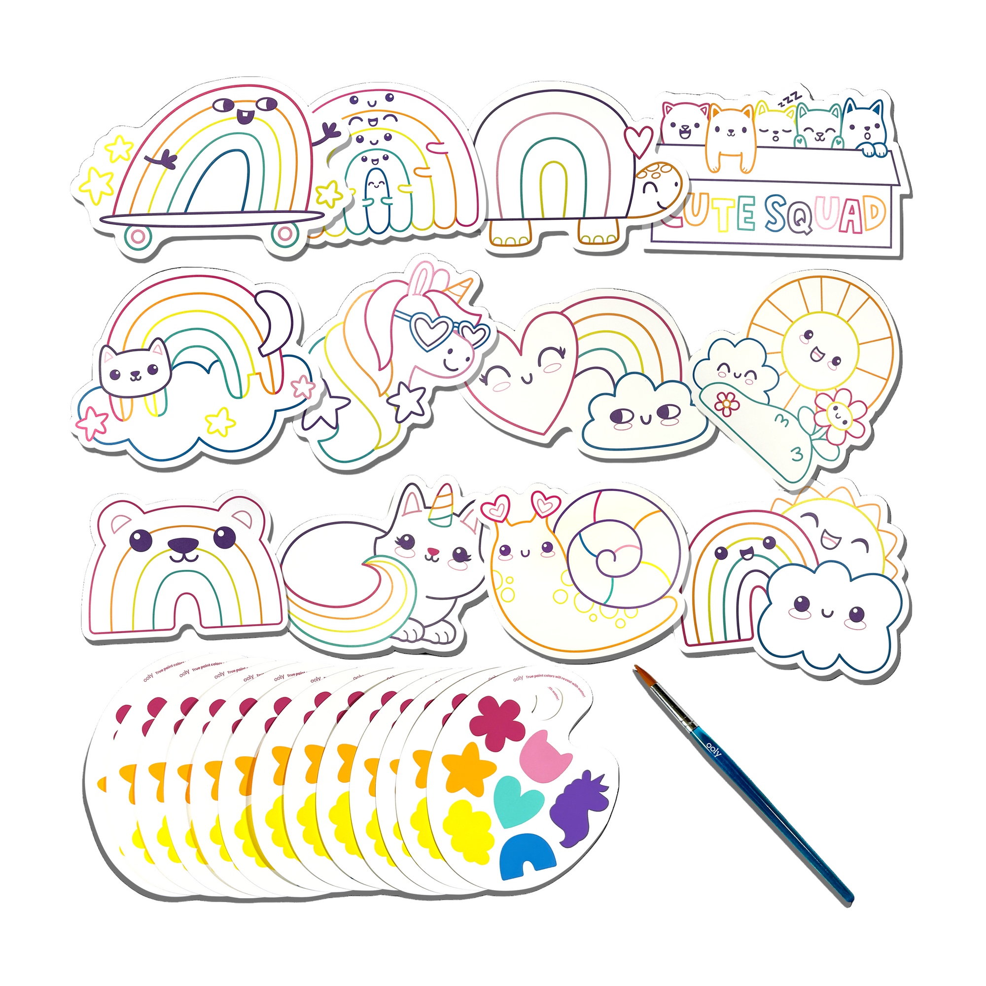 Colorful sticker set with rainbow, cloud, and cat designs on a white background.