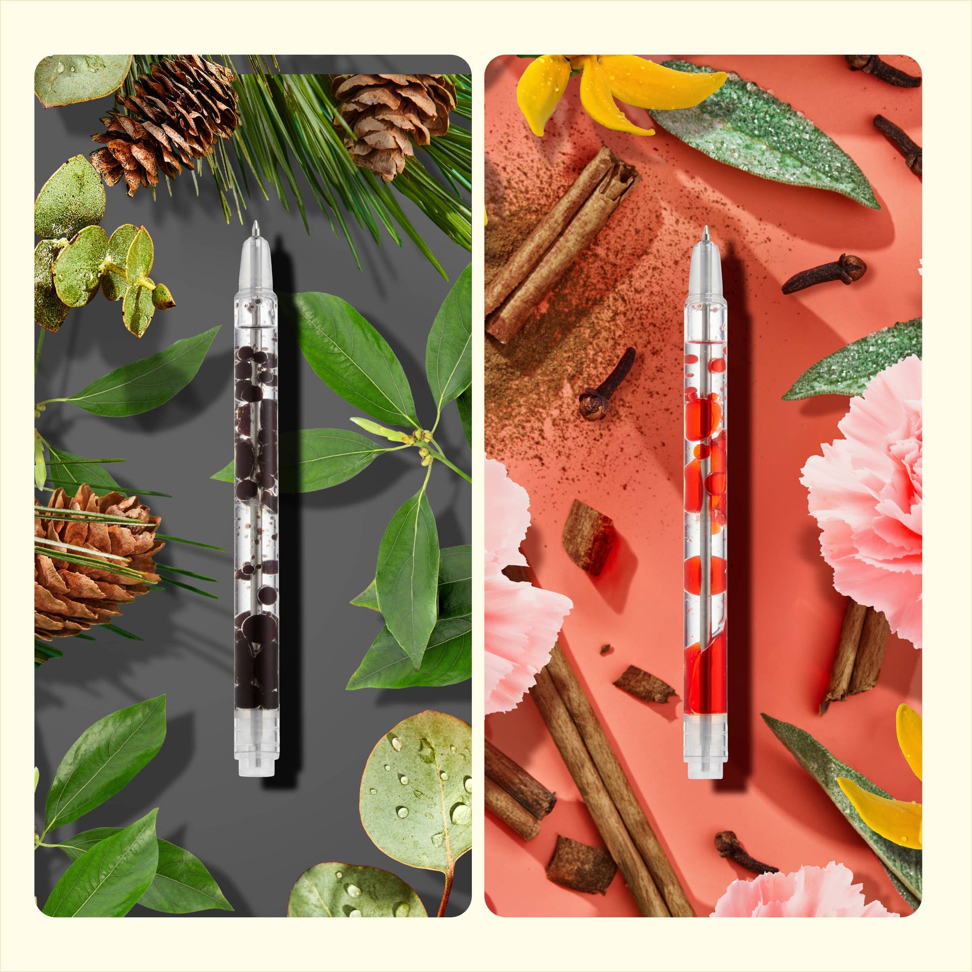Two pens on decorative backgrounds with nature-themed designs.