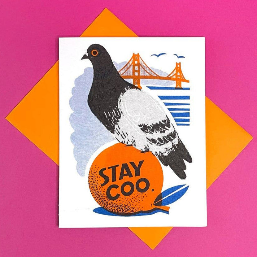 Card with a pigeon illustration and 'Stay Coo' text on a pink background