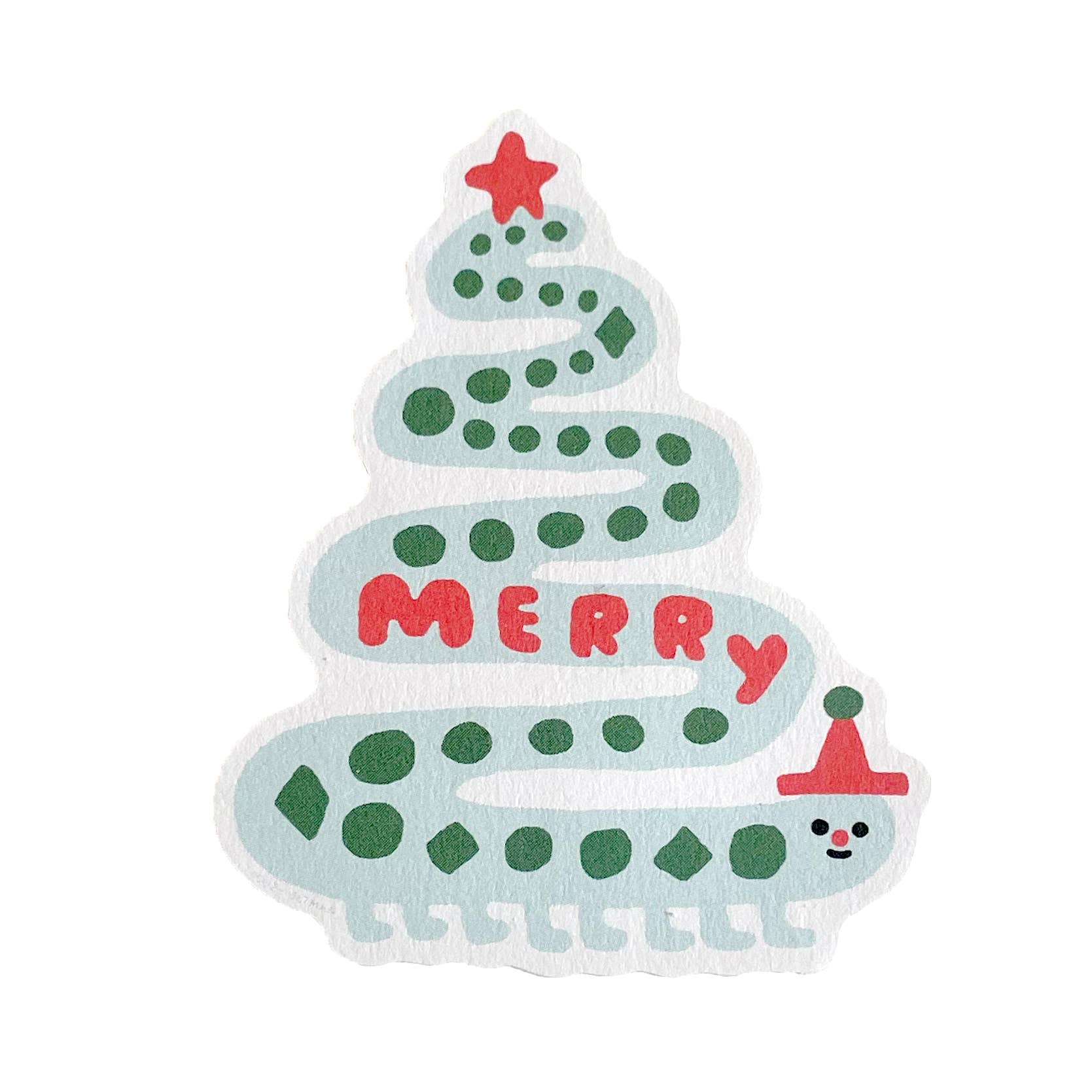 A diecut sticker of a caterpillar with a Christmas tree design, the caterpillar is made up of green dots with a red star on top and the words 'Merry' in red.