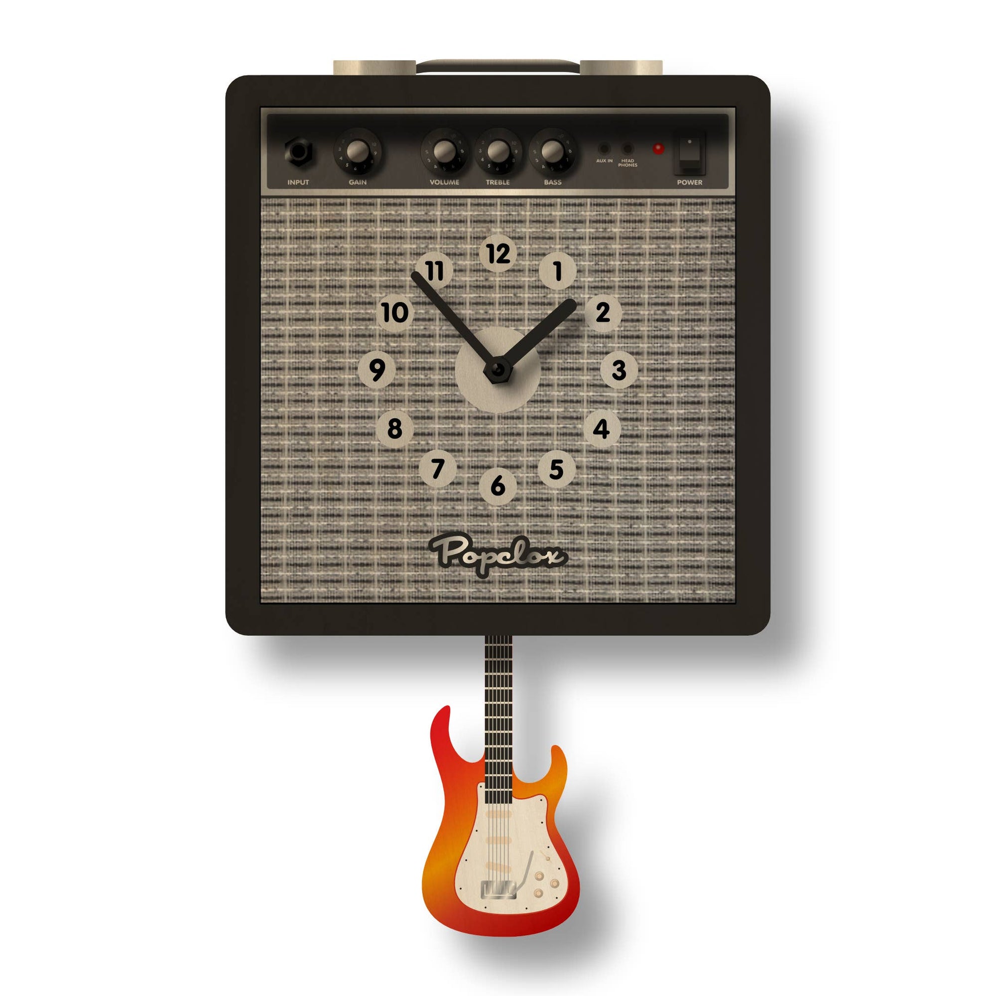 Wall clock designed like a guitar amplifier with a pendulum shaped like a guitar on a white background