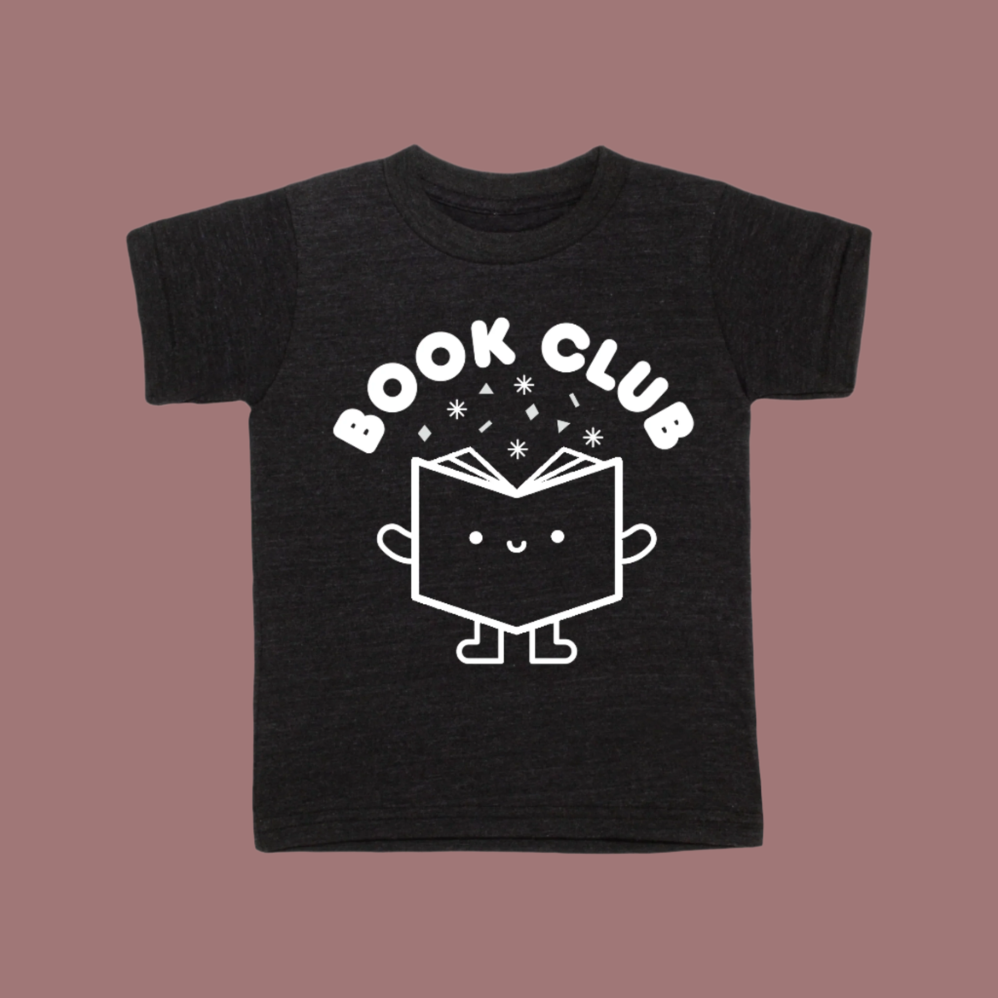 Black t-shirt with 'Book Club' design on a brown background
