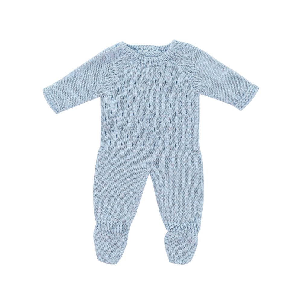 Blue knitted doll romper on a white background