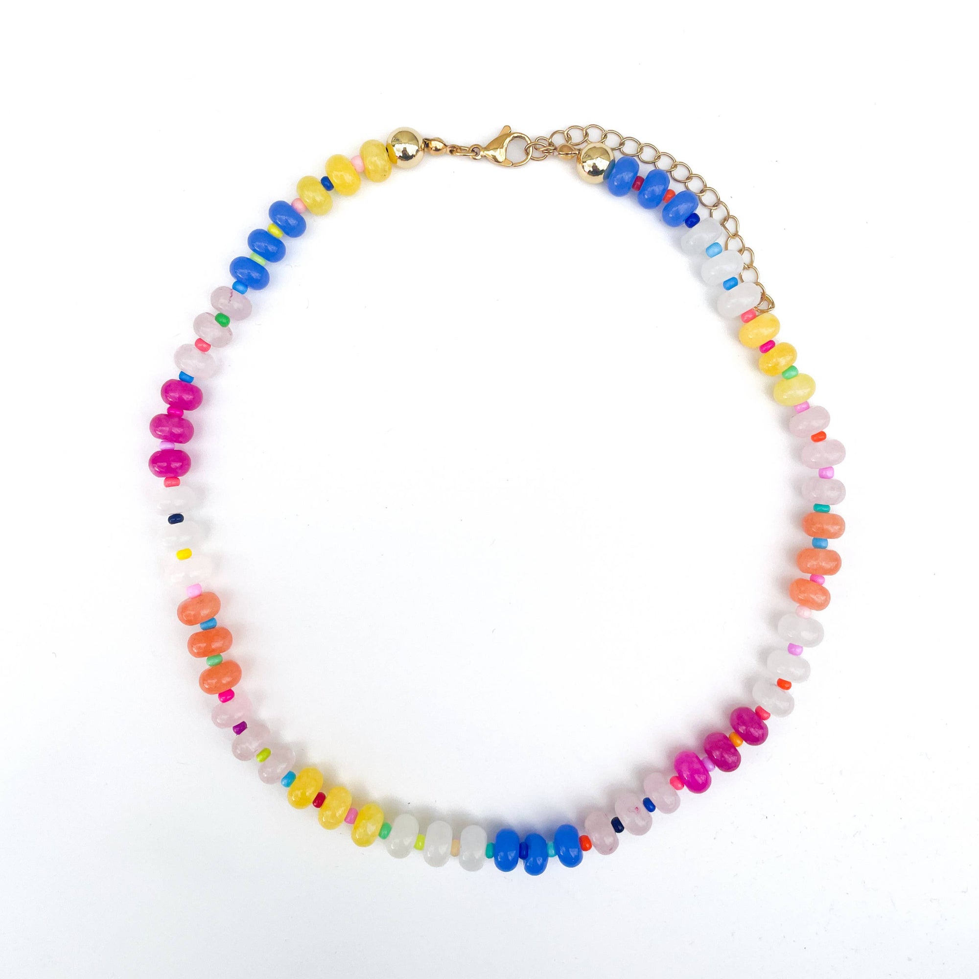 Colorful beaded necklace on a white background