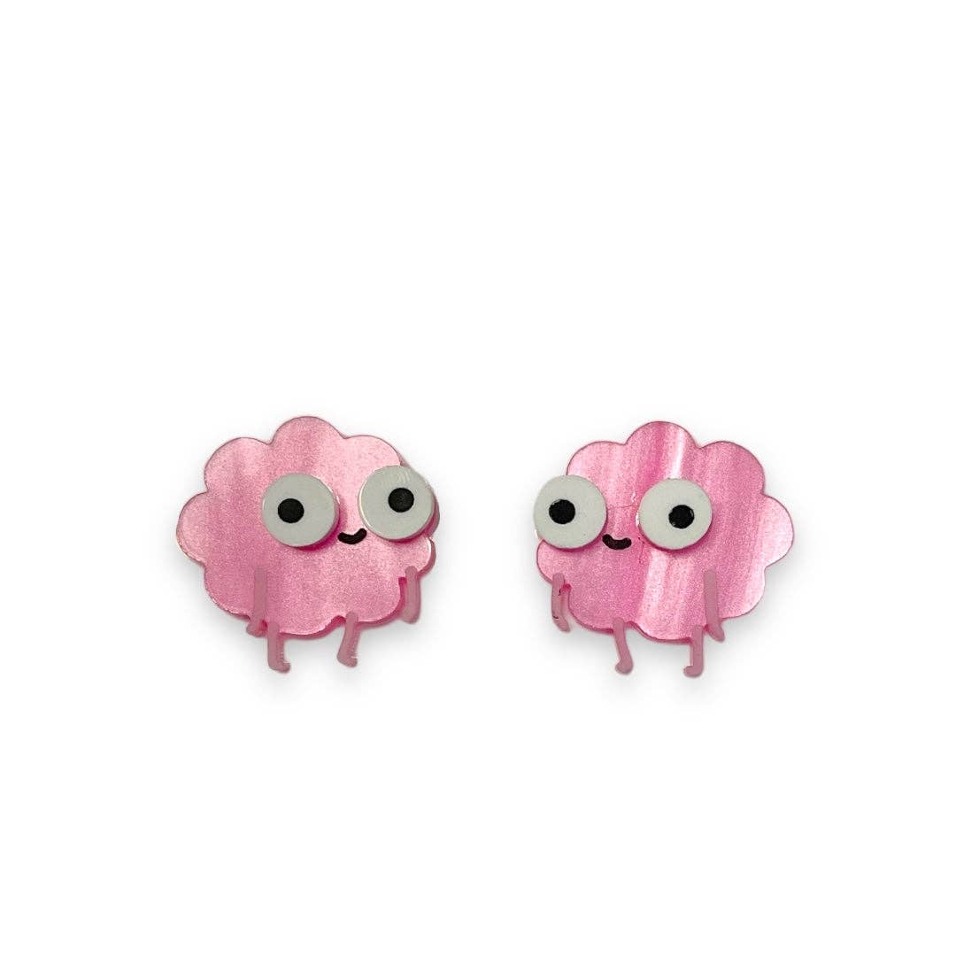Pair of pink cloud-shaped earrings with googly eyes on a white background