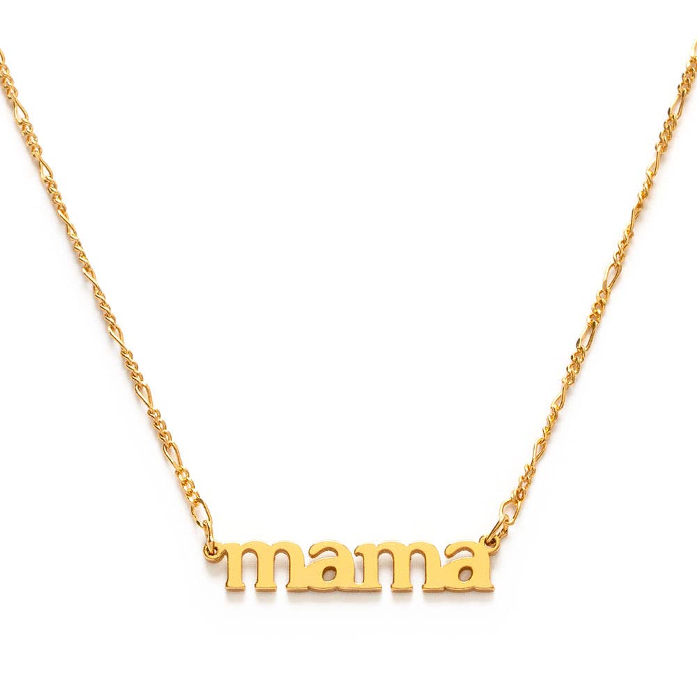 Gold 'mama' necklace on a white background