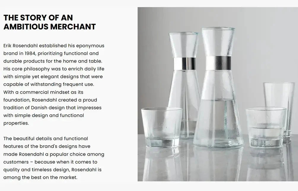 Glass carafes and glasses on a reflective surface with text about Rosenthal brand history.
