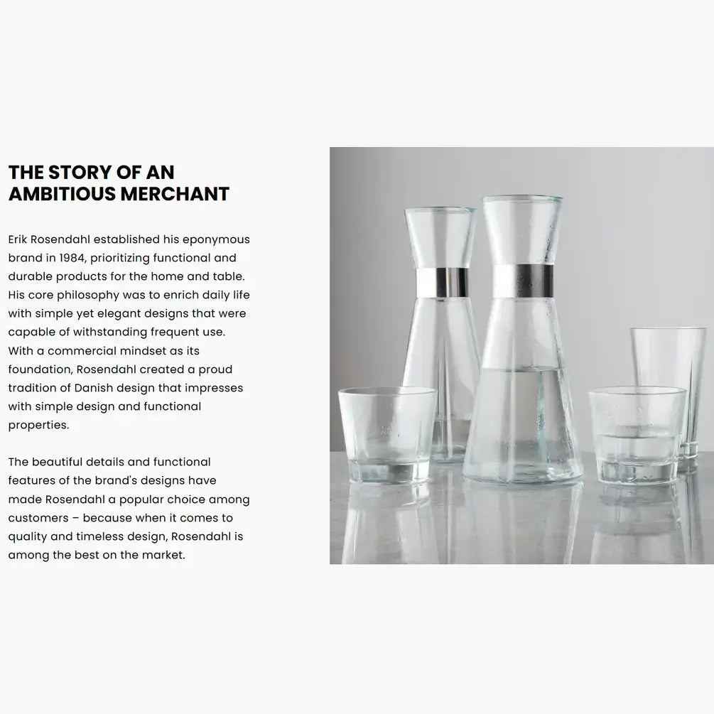 Glass carafes and glasses on a reflective surface with text about Rosenthal brand history.