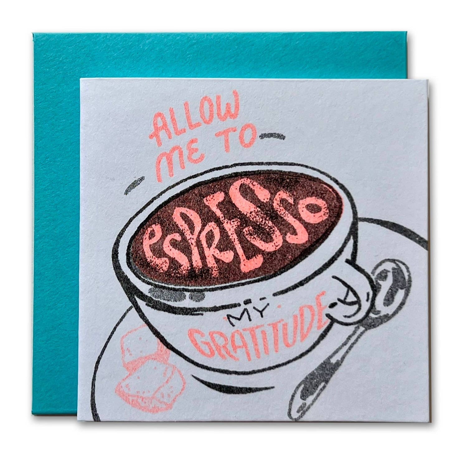 Card with espresso cup illustration and text on a blue envelope