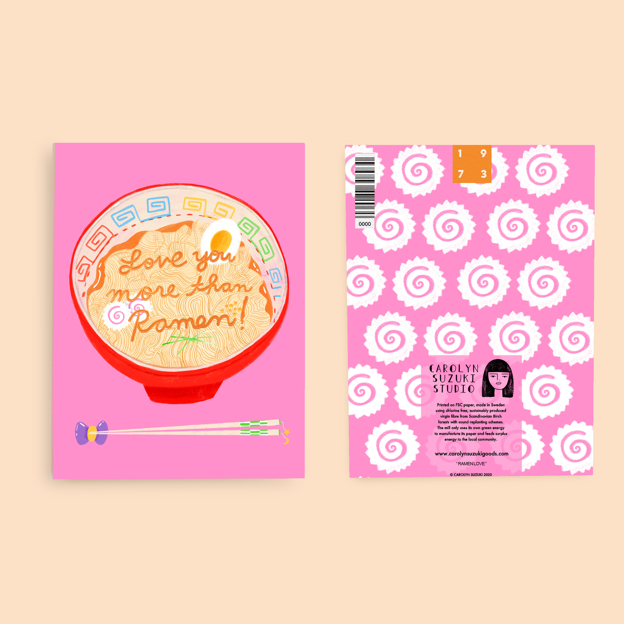 Two pink greeting cards with different designs on a beige background
