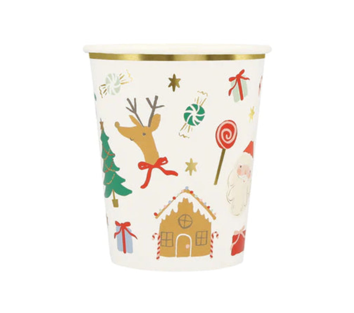 A set of red disposable paper cups with Christmas-themed decorations, including Santa, reindeer, and holiday motifs.