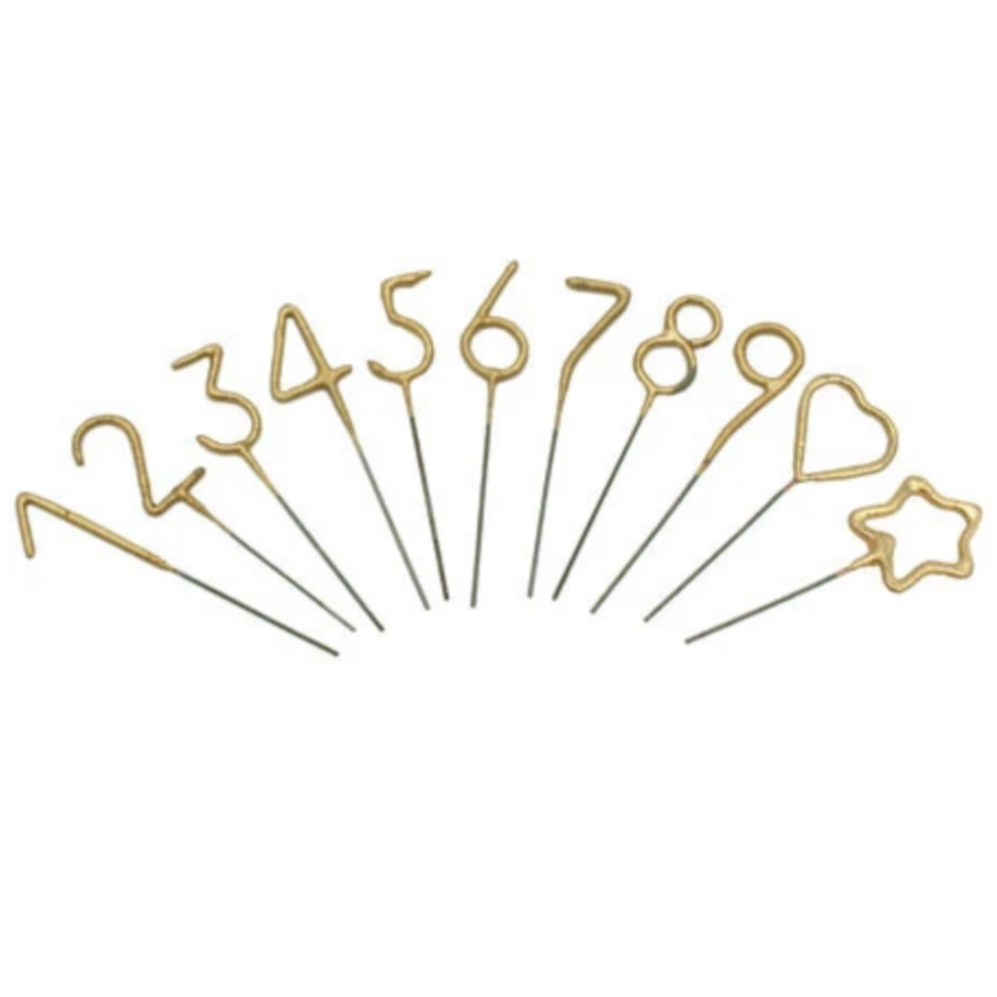 this is picture of 1 through 9 and a heart and star mini sparklers in gold.