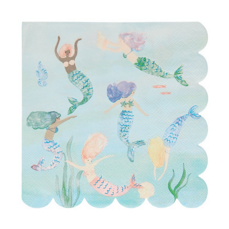 mermaids swimming on blue scalloped napkins