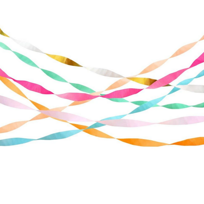 photo of paper streamers of many different colors hanging