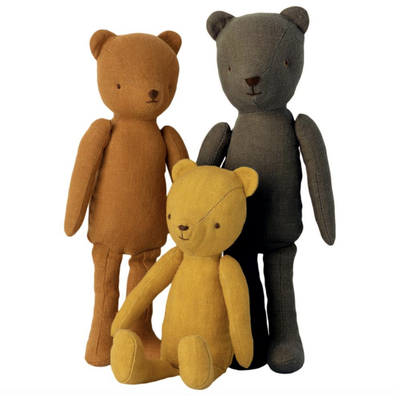 brown bear sitting with two larger bears standing behind them