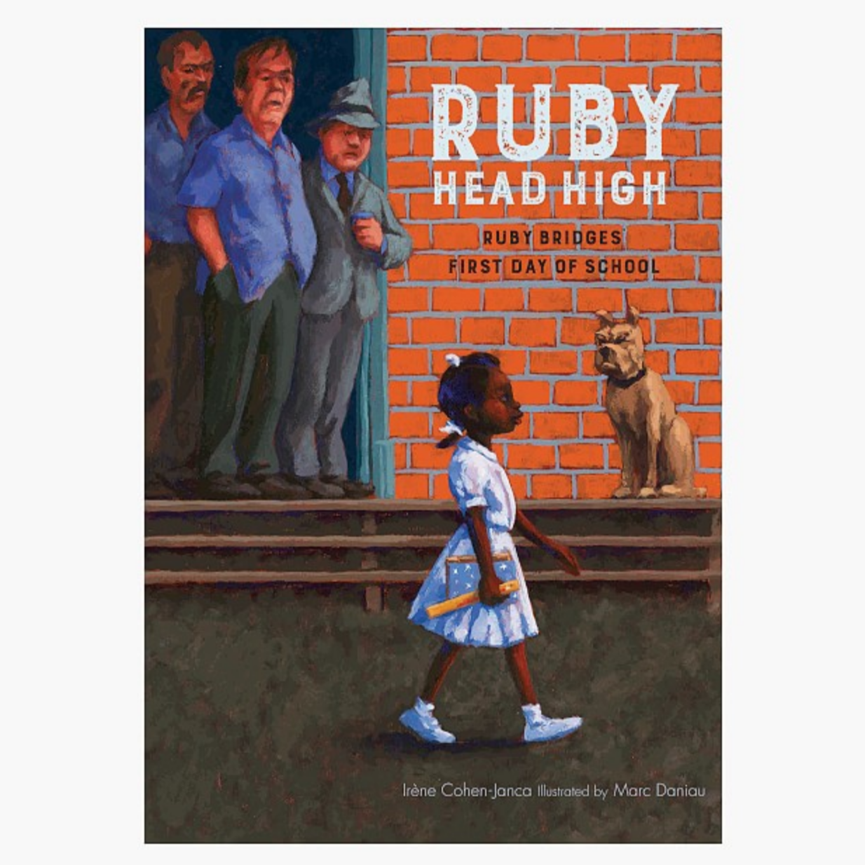 picture of little black girl in white dress with disgruntled men looking on