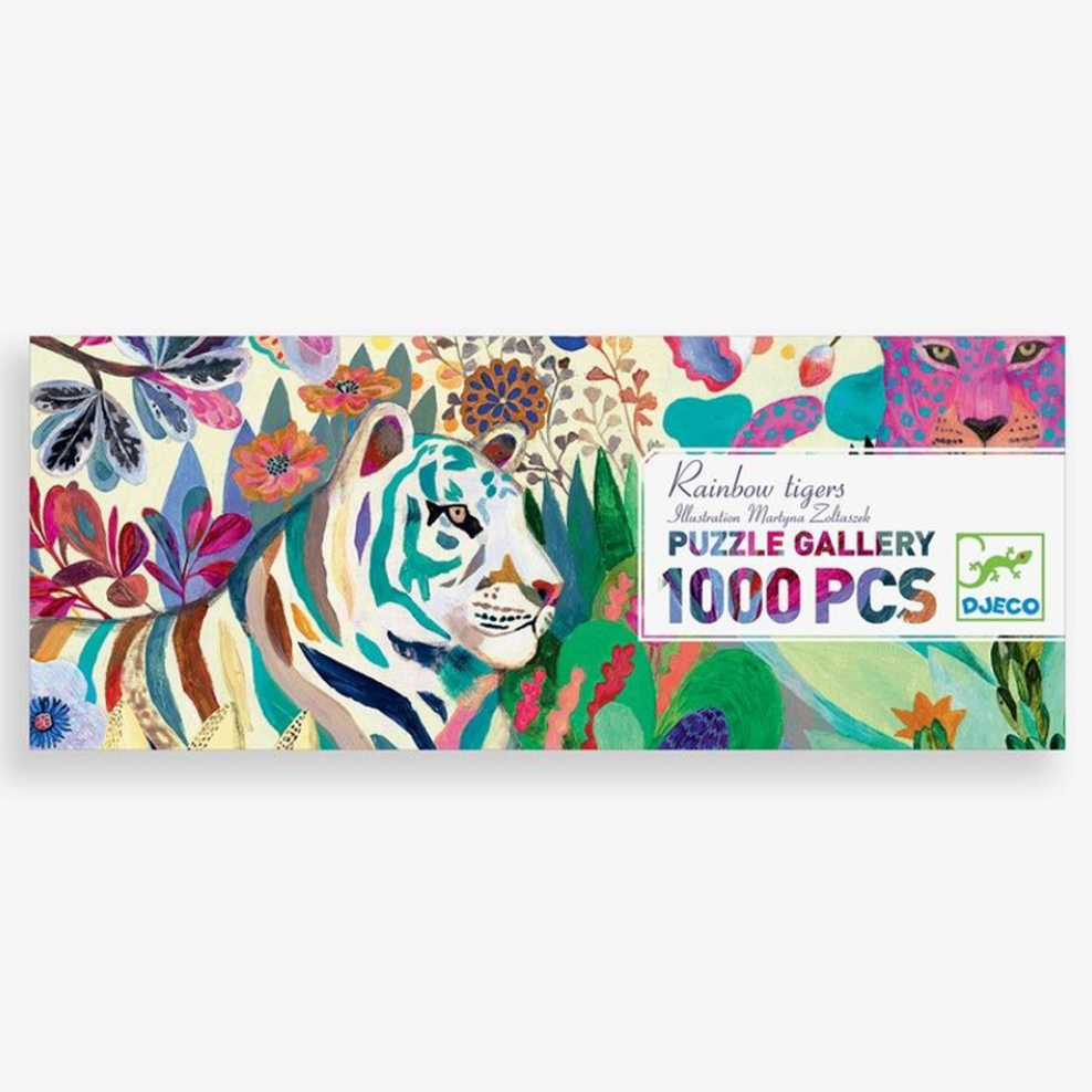 A packaged 1000-piece puzzle featuring a colorful artistic depiction of a tiger surrounded by floral elements, marketed as 'Rainbow Tigers'.