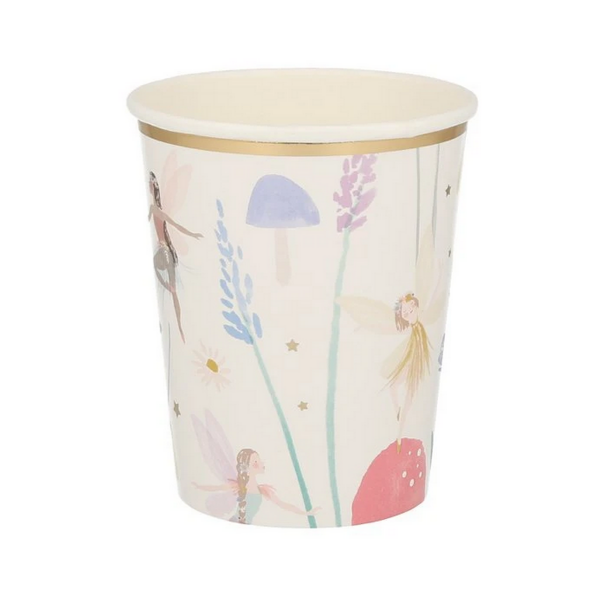 paper cups eith playful illustrations of faries flowers and other plants