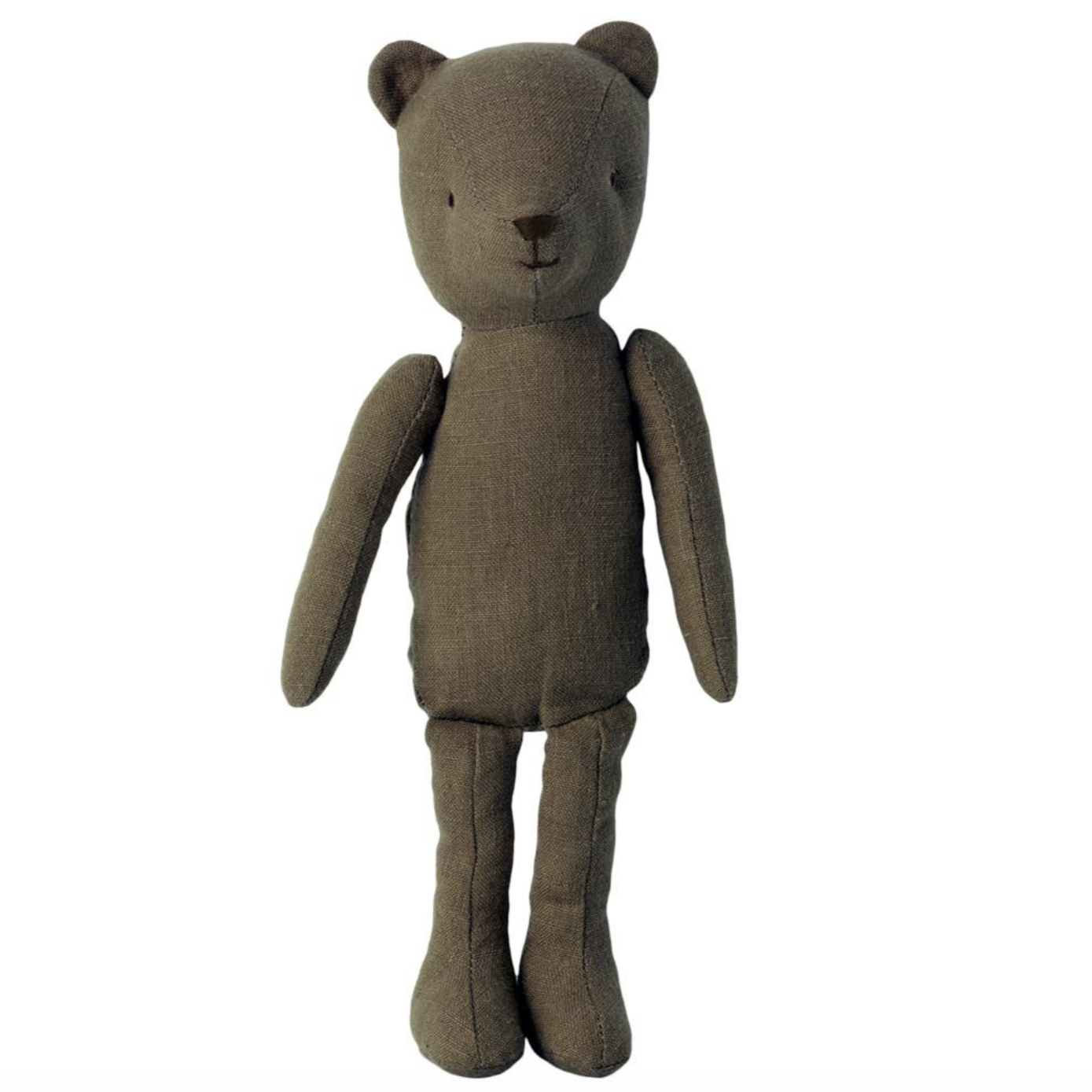 A dusty green colored teddy bear designed to represent 'Teddy Dad' from the Teddy bear family collection. The teddy bear has a vintage look and is made of soft linen and polyester.