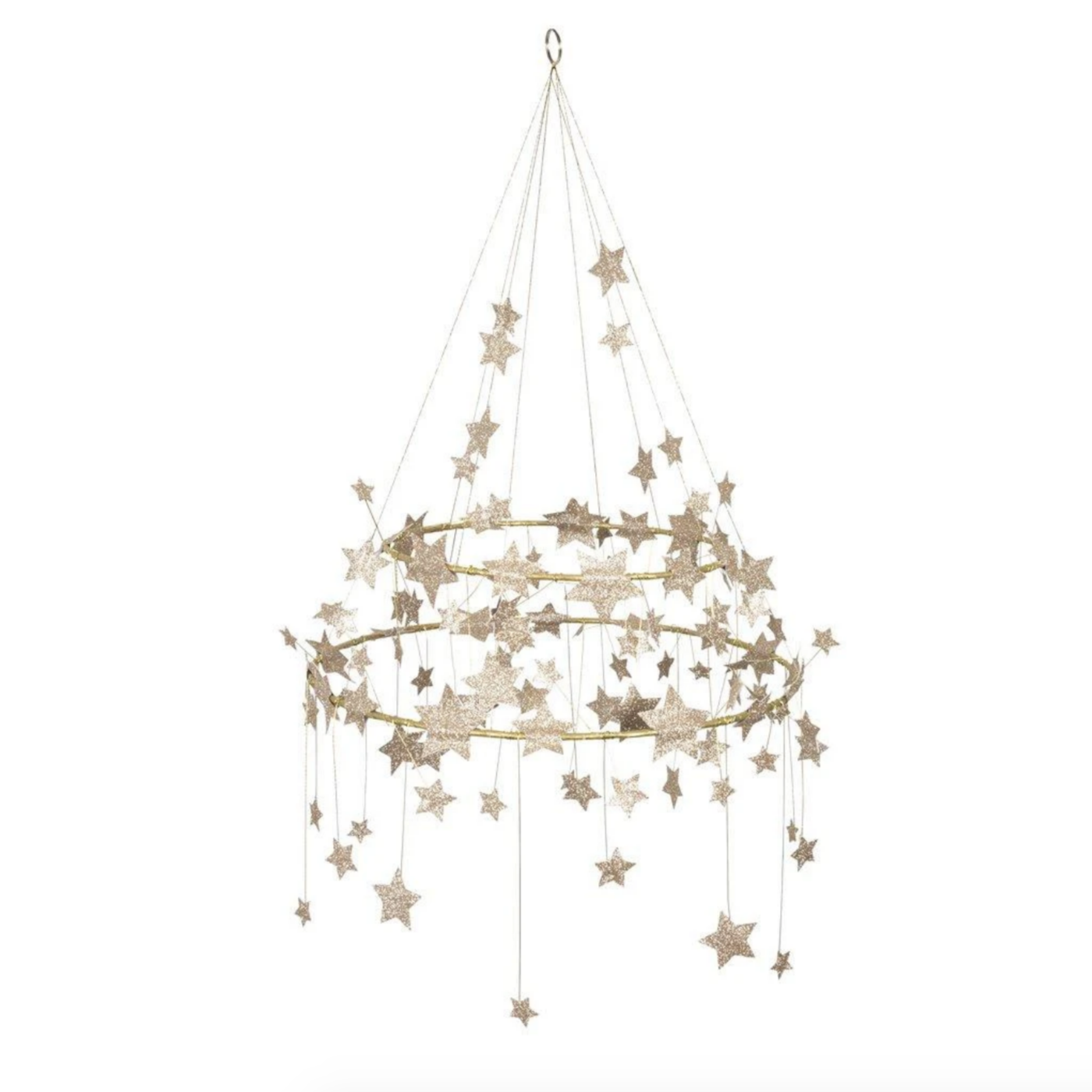 A chandelier with gold glittering stars on gold wire and thread, with a polished pajaki inspired design.