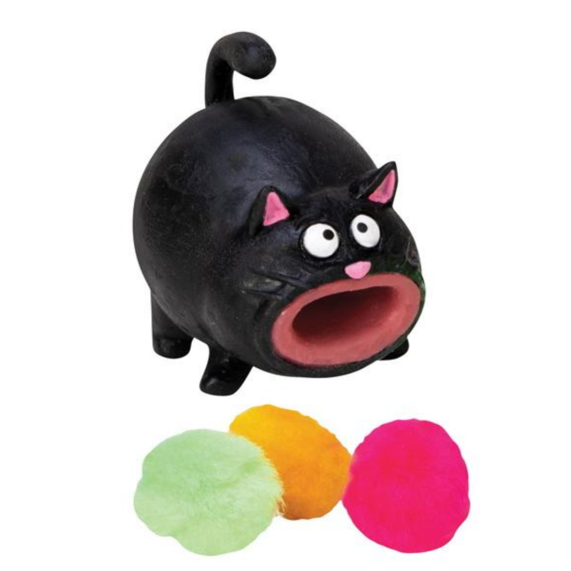 rubber cat and three colorful pompoms