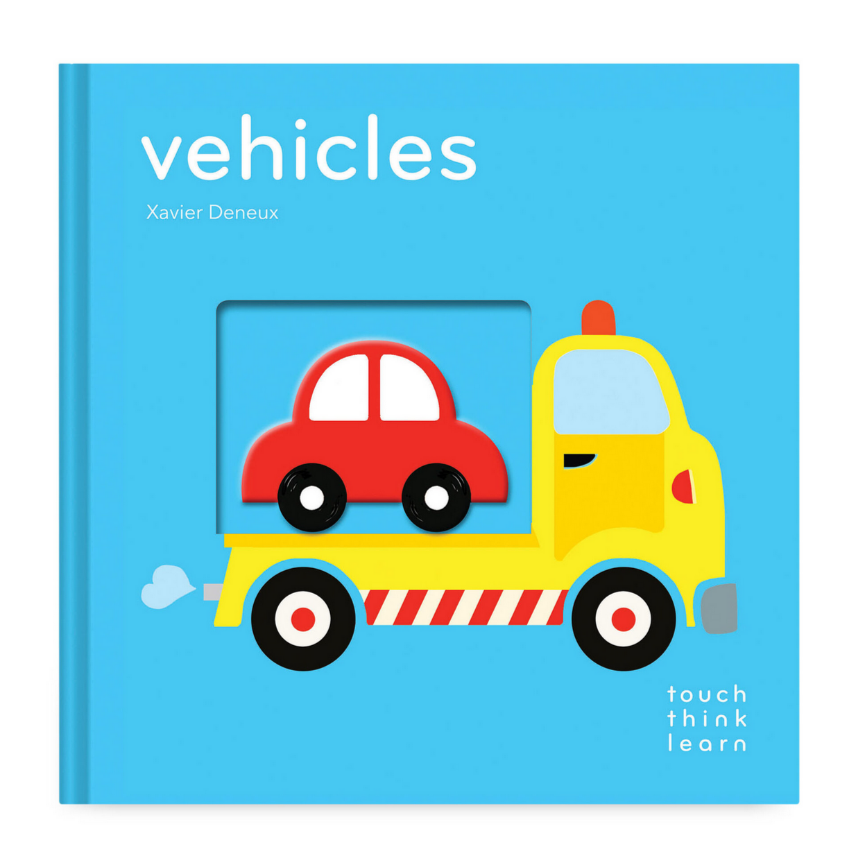 A board book cover for 'Vehicles' titled 'TouchThinkLearn' with a bright blue background. The cover features colorful illustrations of a red car, yellow truck, and black and red tracks.
