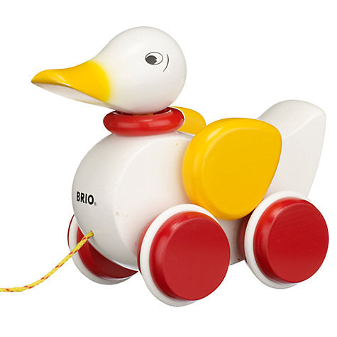 wooden yellow, white and red pull along duck