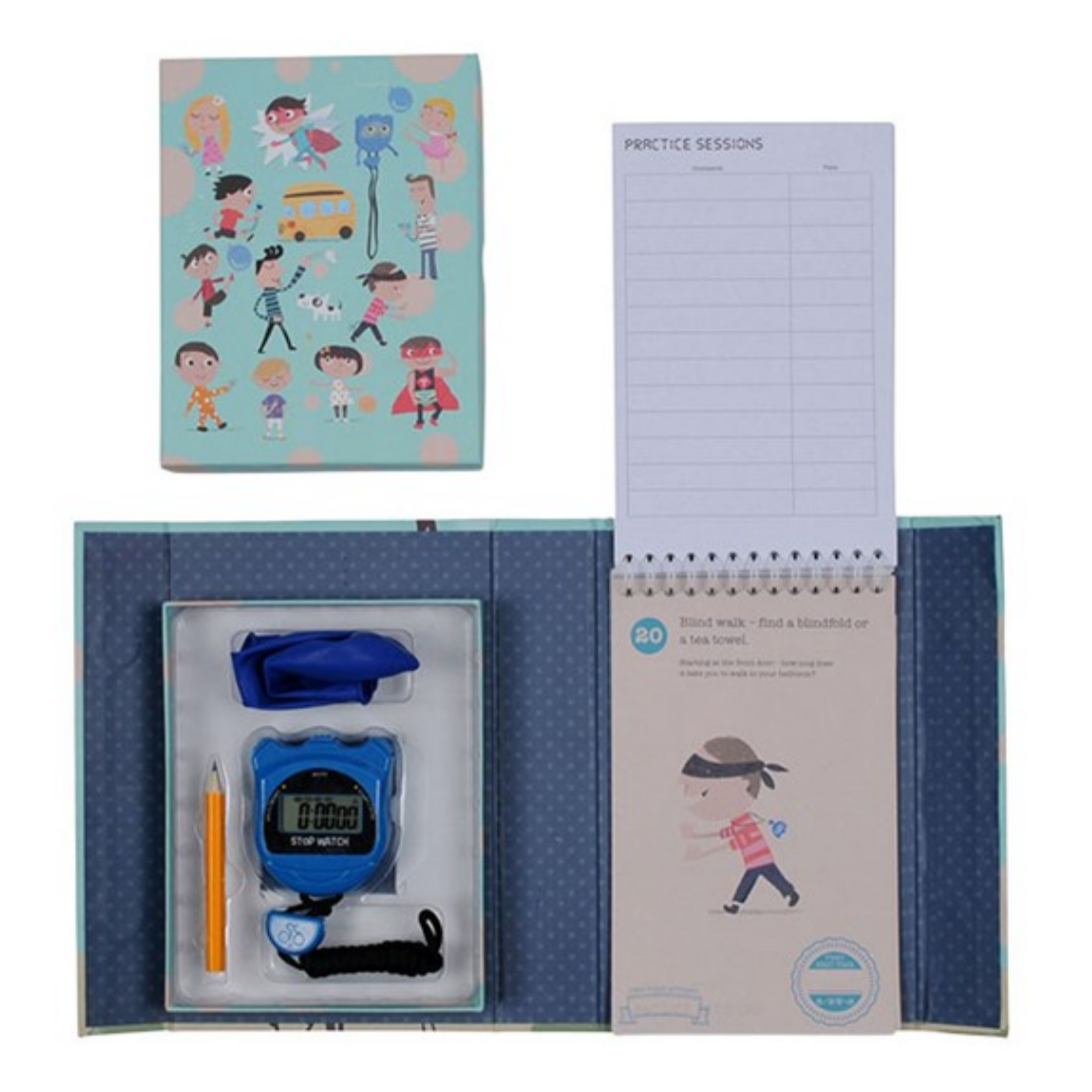 opened box with stop watch, balloon, pencil and workbook