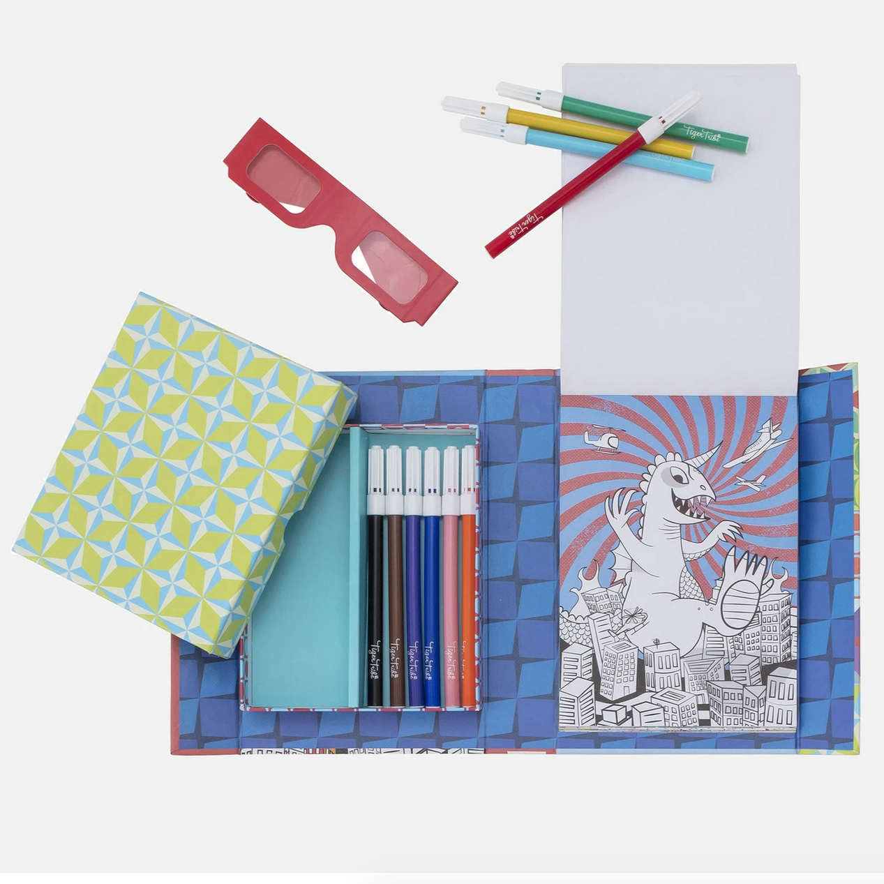 open box with 3D glasses, markers and coloring pages