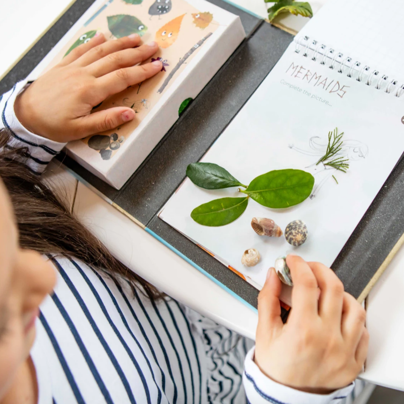 child with shells and leaves and nature kit opened up
