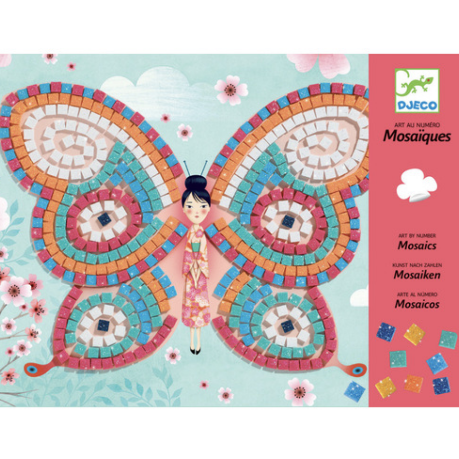 box featuring woman with butterfly wings designed with mosaic squares