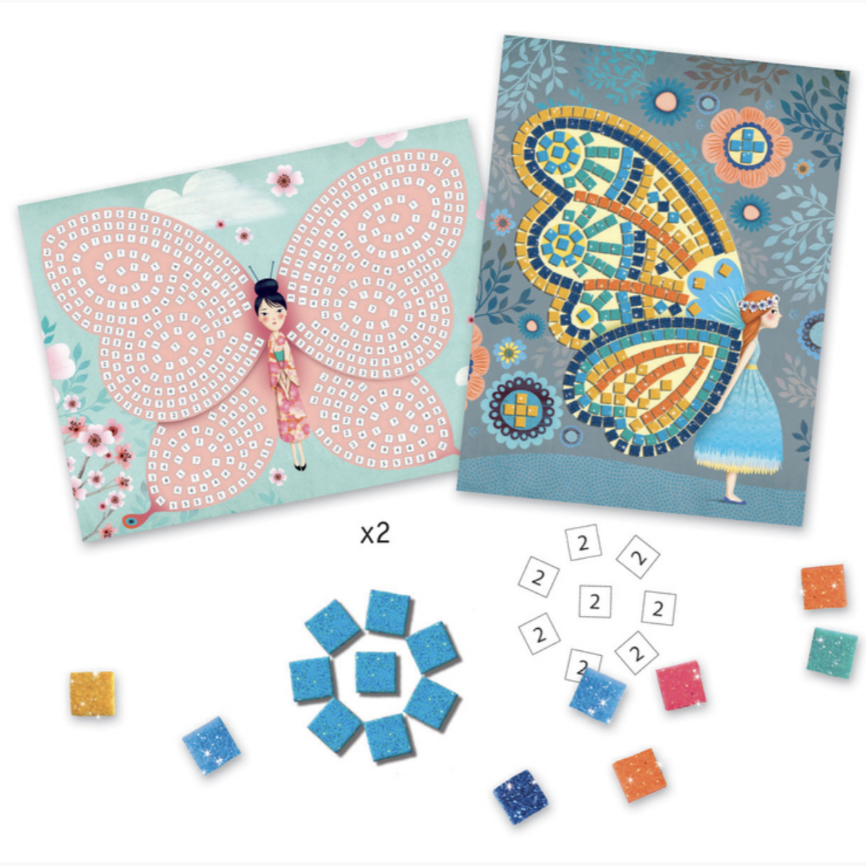 two butterfly girl sheets one finished, one showing the color by number squares on which you place the mosaic stickers