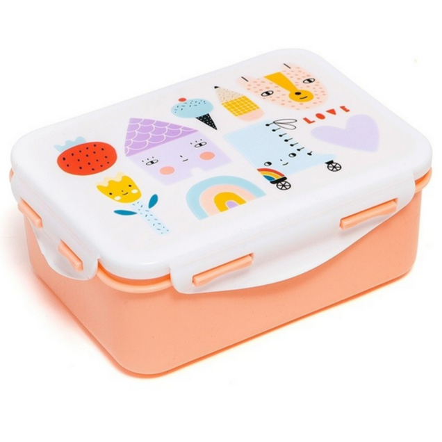 peach luchbox with top icons that include a house with face, rainbow, rolling skate, cheetah, flower, heart, ice cream, strawberry and ice cream