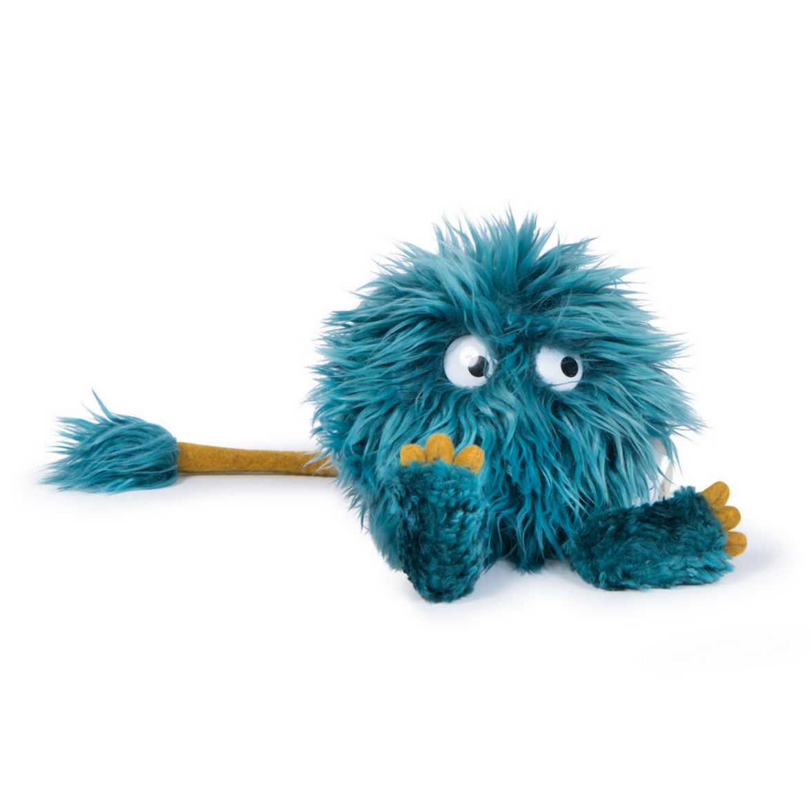 A plush toy depicting a blue furry creature with large eyes and a log tail, designed by Moulin Roty.