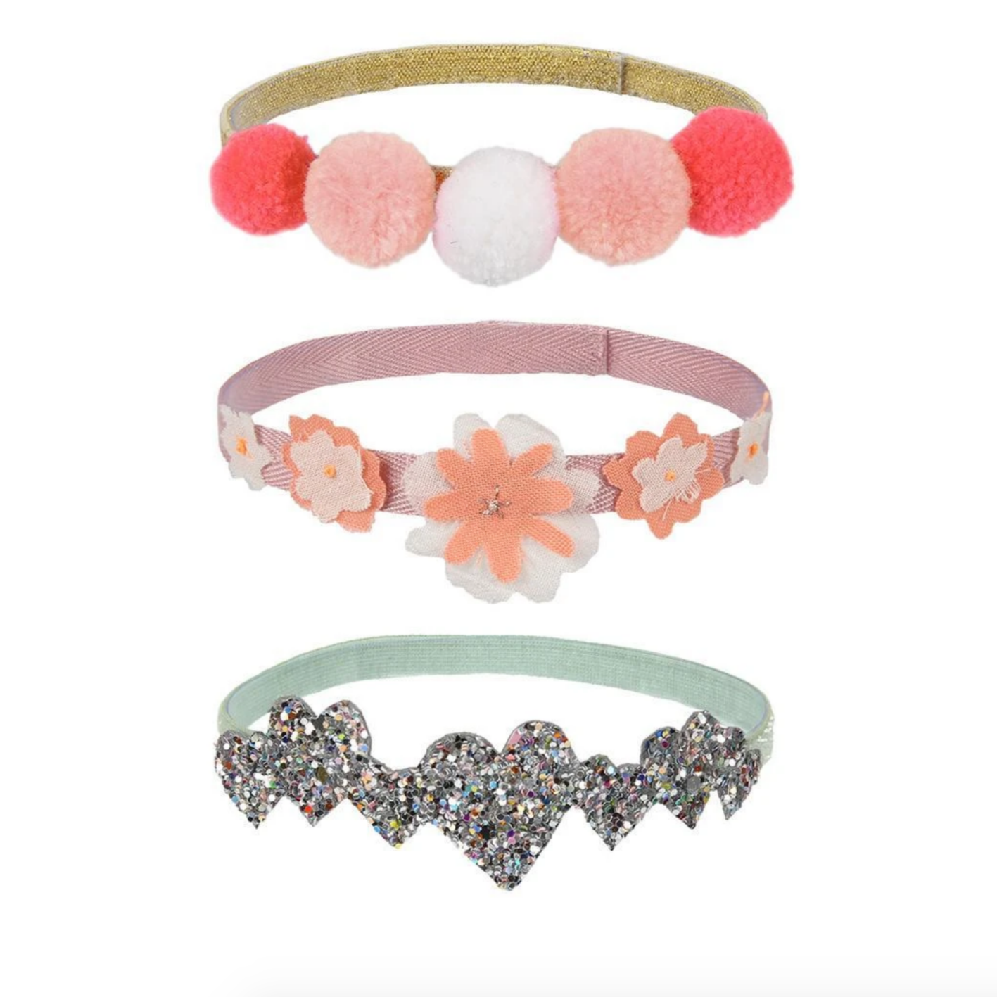 three doll headbands. one pink pompoms, next with pink flowers, and last one has glitter hearts