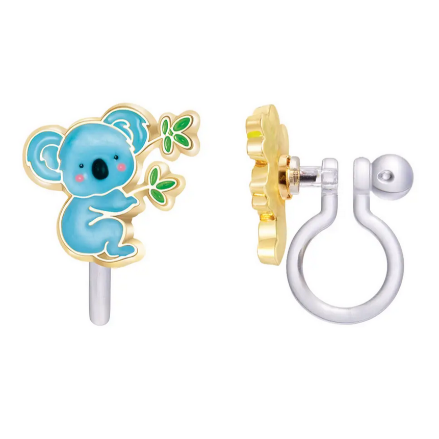 blue koala with bamboo clip on earings