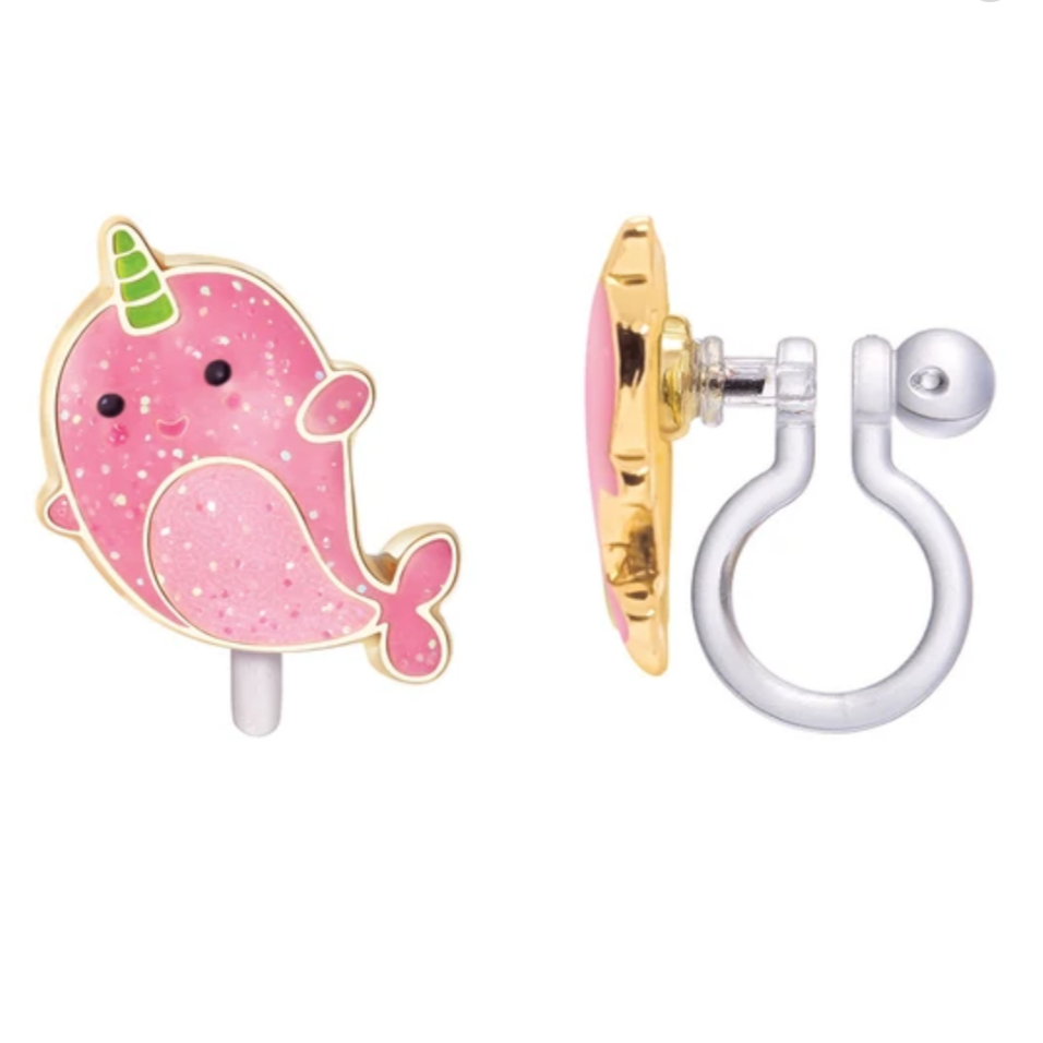 sparkling pink narwal clip on earrings