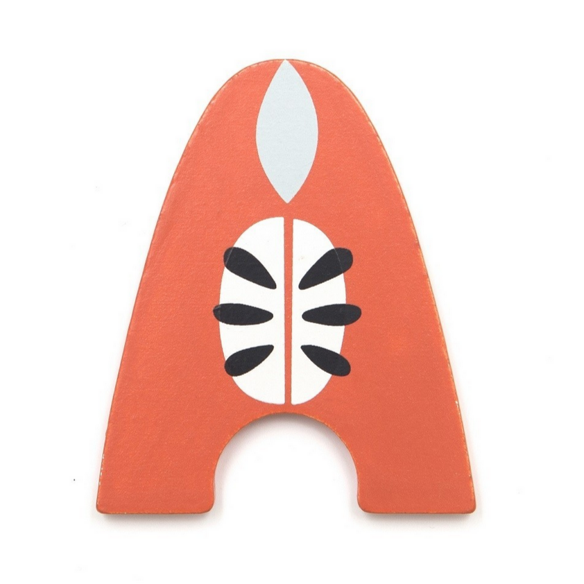here is the letter A. it is wooden and red with apple seeds.