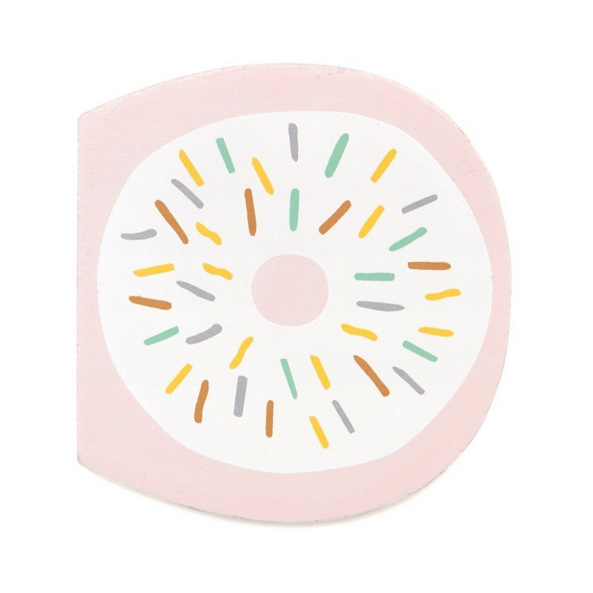 Here is the letter D. It is wooden, pink, with sprinkles and looks like a donut.