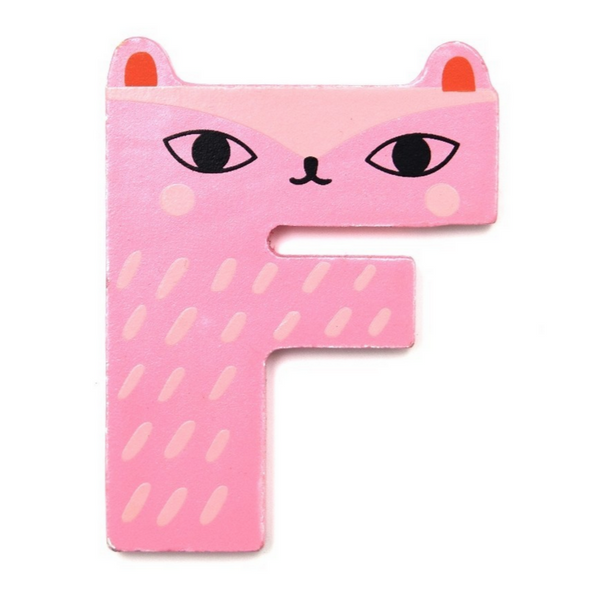 Here is the letter F. It is wood and pink and looks like a fox.