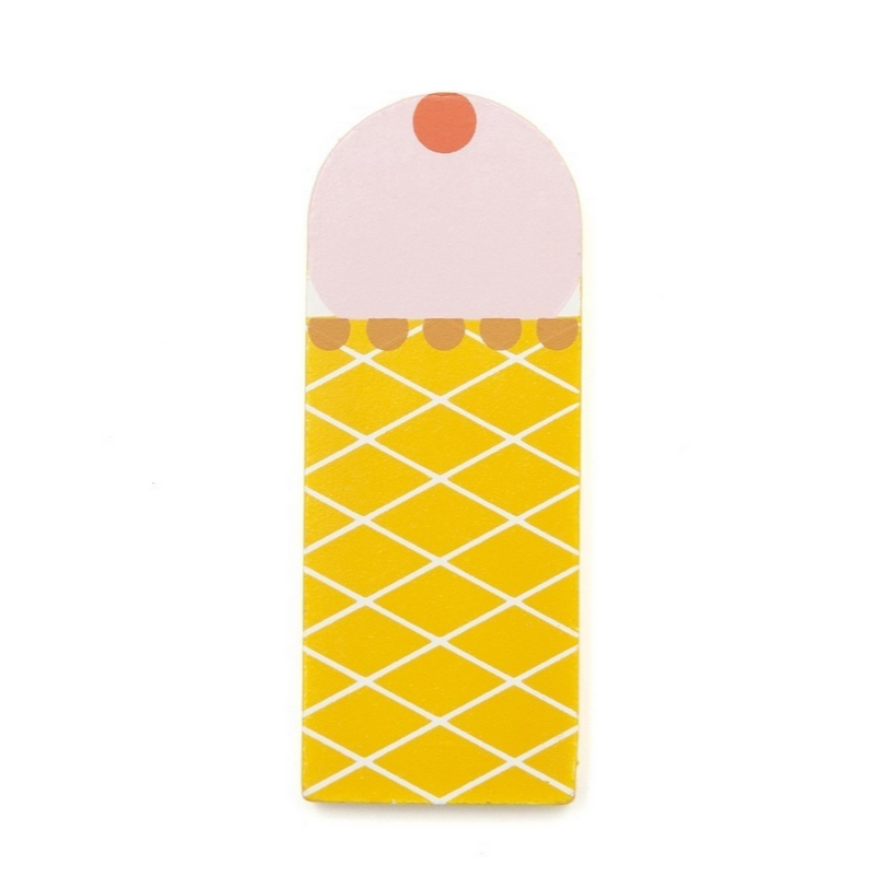 This is a i. It is made of thin wood and looks live a ice cream cone with pink icecream and a cherry on top. by Suzy Ultman
