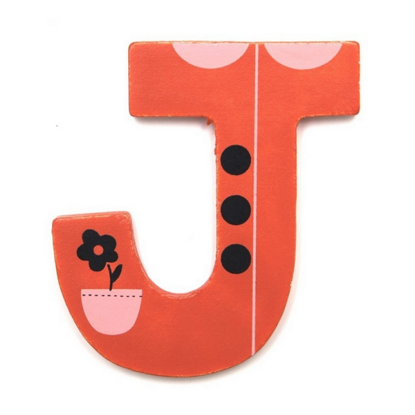 This is the letter J. It is made of thin wood, is red and looks like a jacket. There is a small red flower in the pocket. by Suzy Ultman