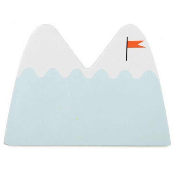This is the letter M. It is a thin piece of wood its light blue and white and looks like a mountain with a small red flag on top. By Suzy Ultman