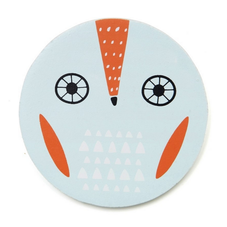 It is the letter O. It is a thin piece of wood, light blue and looks like an owl. By Suzy Ultman